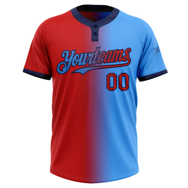 Custom Electric Blue Red-Navy Gradient Fashion Two-Button Unisex Softball Jersey