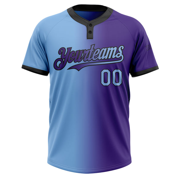 Custom Purple Light Blue-Black Gradient Fashion Two-Button Unisex Softball Jersey