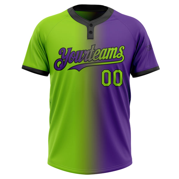 Custom Purple Neon Green-Black Gradient Fashion Two-Button Unisex Softball Jersey