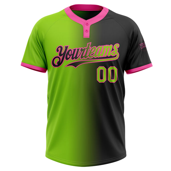 Custom Black Neon Green-Pink Gradient Fashion Two-Button Unisex Softball Jersey