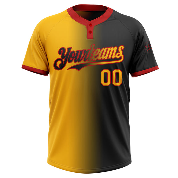 Custom Black Gold-Red Gradient Fashion Two-Button Unisex Softball Jersey