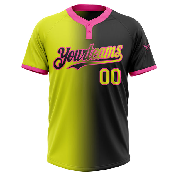 Custom Black Neon Yellow-Pink Gradient Fashion Two-Button Unisex Softball Jersey
