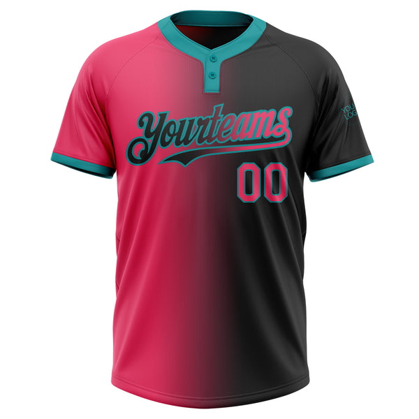 Custom Black Neon Pink-Teal Gradient Fashion Two-Button Unisex Softball Jersey