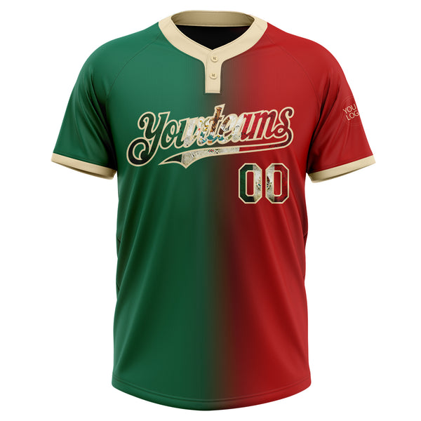 Custom Red Vintage Mexican Flag Kelly Green-City Cream Gradient Fashion Two-Button Unisex Softball Jersey