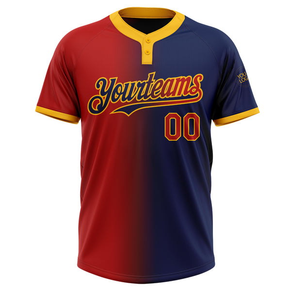 Custom Navy Red-Gold Gradient Fashion Two-Button Unisex Softball Jersey