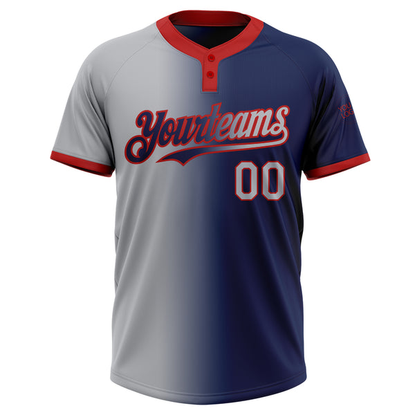 Custom Navy Gray-Red Gradient Fashion Two-Button Unisex Softball Jersey