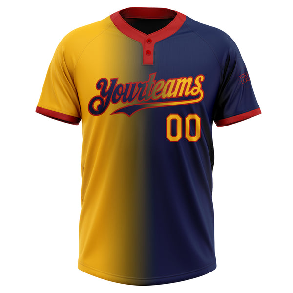 Custom Navy Gold-Red Gradient Fashion Two-Button Unisex Softball Jersey