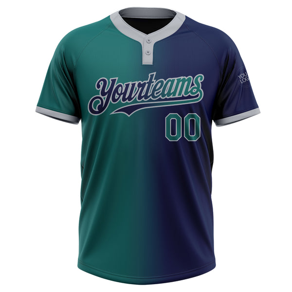 Custom Navy Teal-Gray Gradient Fashion Two-Button Unisex Softball Jersey