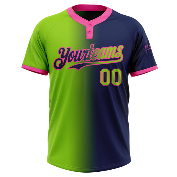 Custom Navy Neon Green-Pink Gradient Fashion Two-Button Unisex Softball Jersey