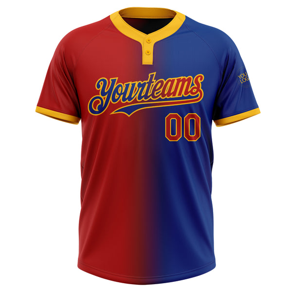 Custom Royal Red-Gold Gradient Fashion Two-Button Unisex Softball Jersey