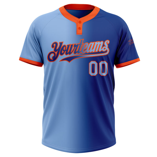 Custom Royal Light Blue-Orange Gradient Fashion Two-Button Unisex Softball Jersey