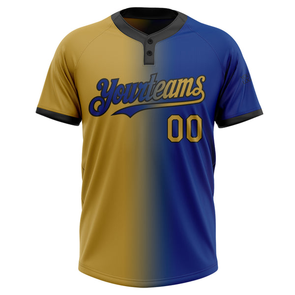 Custom Royal Old Gold-Black Gradient Fashion Two-Button Unisex Softball Jersey