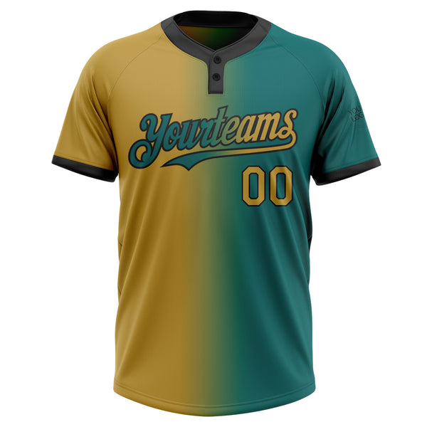 Custom Teal Old Gold-Black Gradient Fashion Two-Button Unisex Softball Jersey