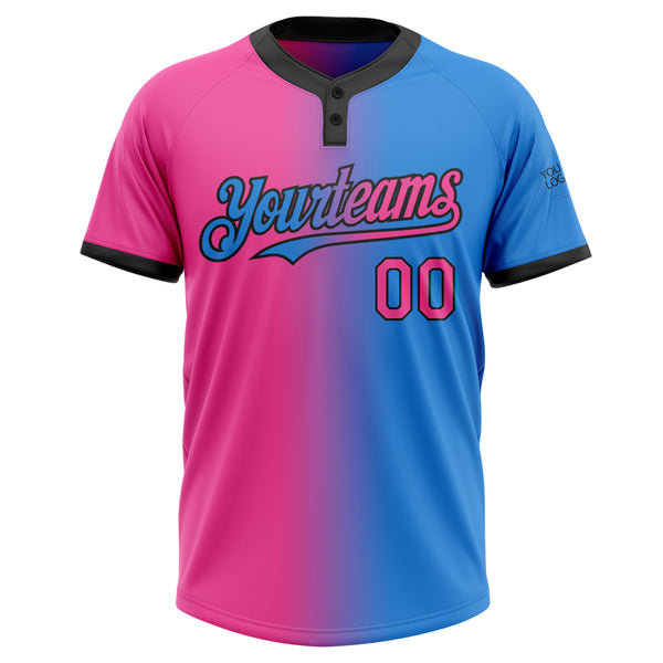 Custom Electric Blue Pink-Black Gradient Fashion Two-Button Unisex Softball Jersey