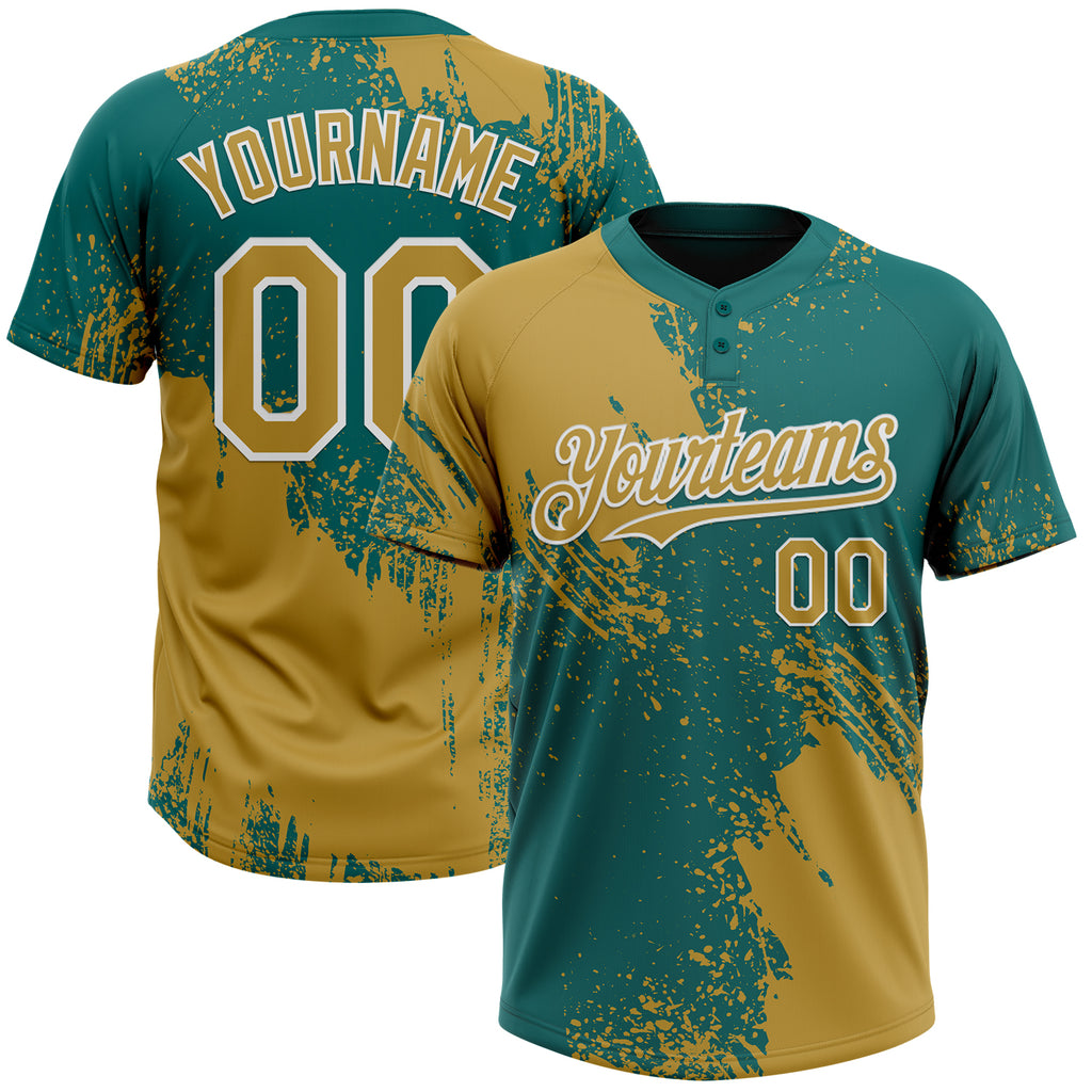 Custom Old Gold Teal-White 3D Pattern Abstract Brush Stroke Two-Button Unisex Softball Jersey