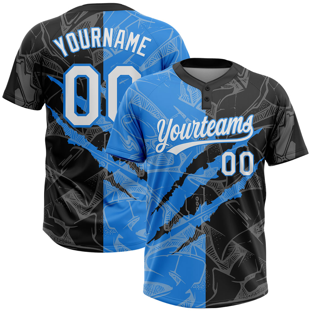 Custom Graffiti Pattern White Black-Electric Blue 3D Scratch Two-Button Unisex Softball Jersey