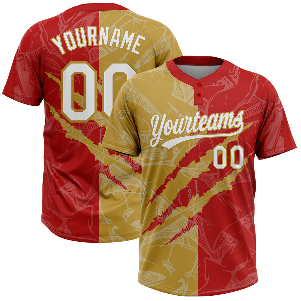 Custom Graffiti Pattern White Red-Old Gold 3D Scratch Two-Button Unisex Softball Jersey