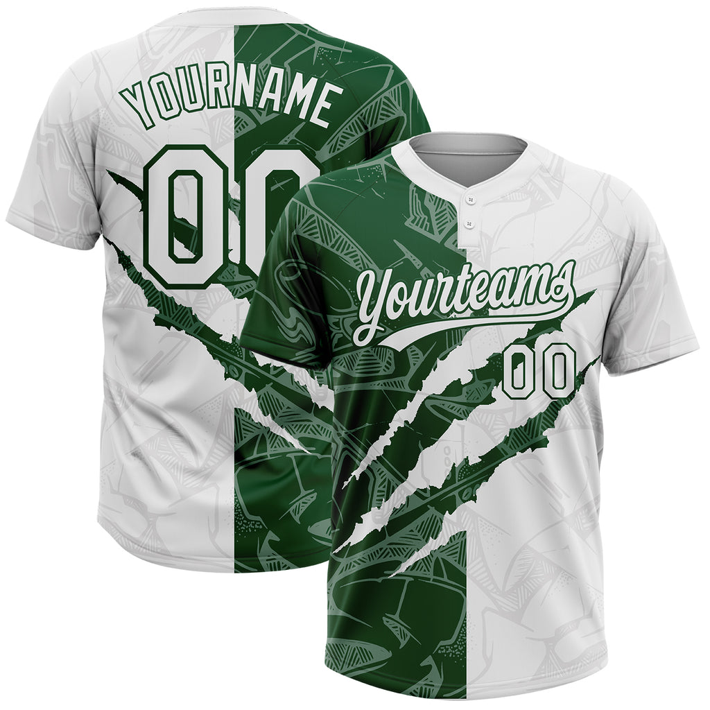 Custom Graffiti Pattern White-Green 3D Scratch Two-Button Unisex Softball Jersey