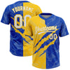Custom Graffiti Pattern White Thunder Blue-Yellow 3D Scratch Two-Button Unisex Softball Jersey