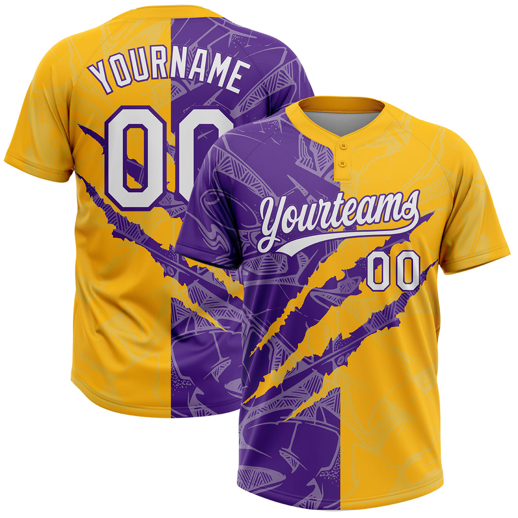 Custom Graffiti Pattern White Gold-Purple 3D Scratch Two-Button Unisex Softball Jersey
