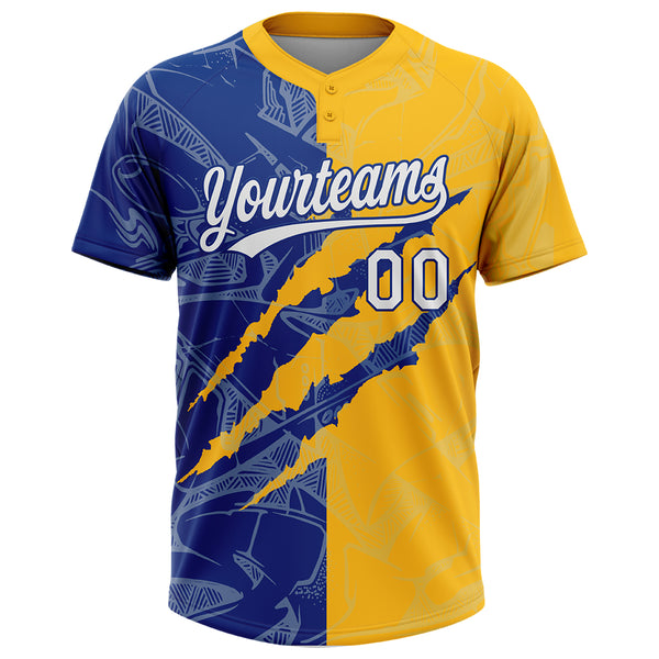 Custom Graffiti Pattern White Gold-Royal 3D Scratch Two-Button Unisex Softball Jersey