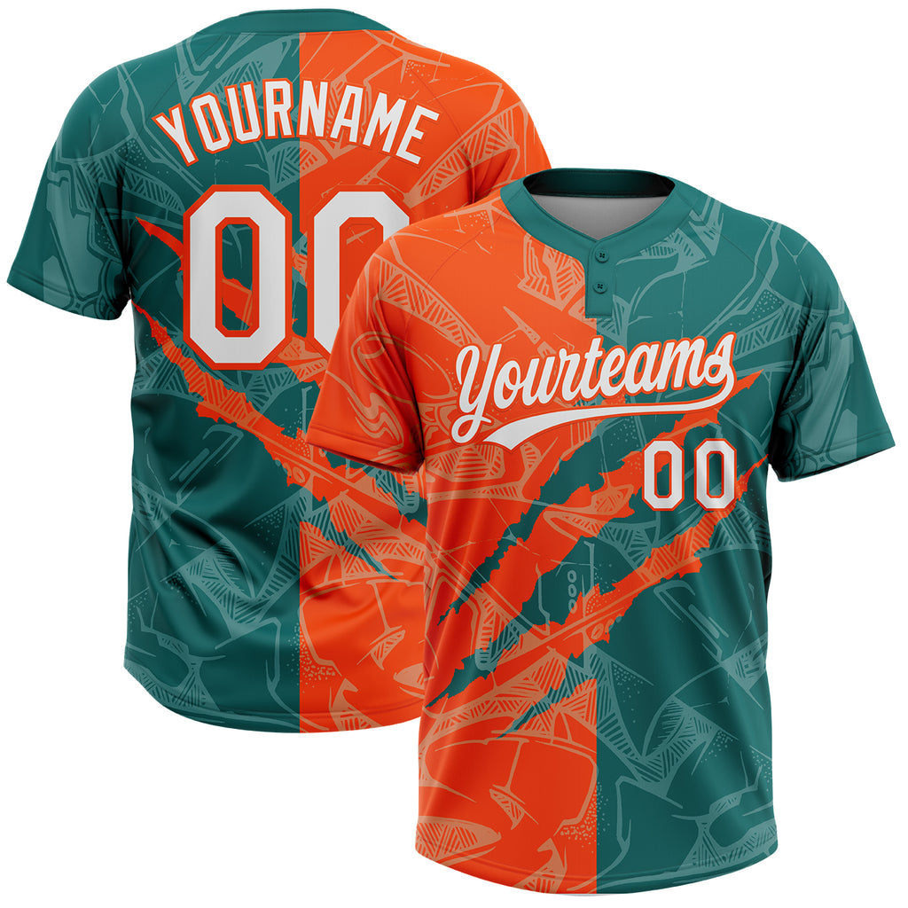 Custom Graffiti Pattern White Teal-Orange 3D Scratch Two-Button Unisex Softball Jersey