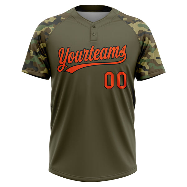 Custom Olive Orange-Black Salute To Service Camo Raglan Sleeves Two-Button Unisex Softball Jersey
