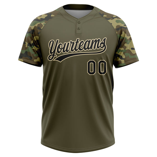 Custom Olive Black-Cream Salute To Service Camo Raglan Sleeves Two-Button Unisex Softball Jersey