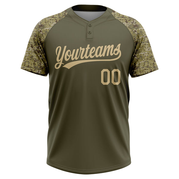 Custom Olive Vegas Gold Salute To Service Camo Raglan Sleeves Two-Button Unisex Softball Jersey