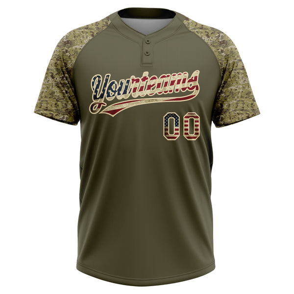 Custom Olive Vintage USA Flag-Cream Salute To Service Camo Raglan Sleeves Two-Button Unisex Softball Jersey
