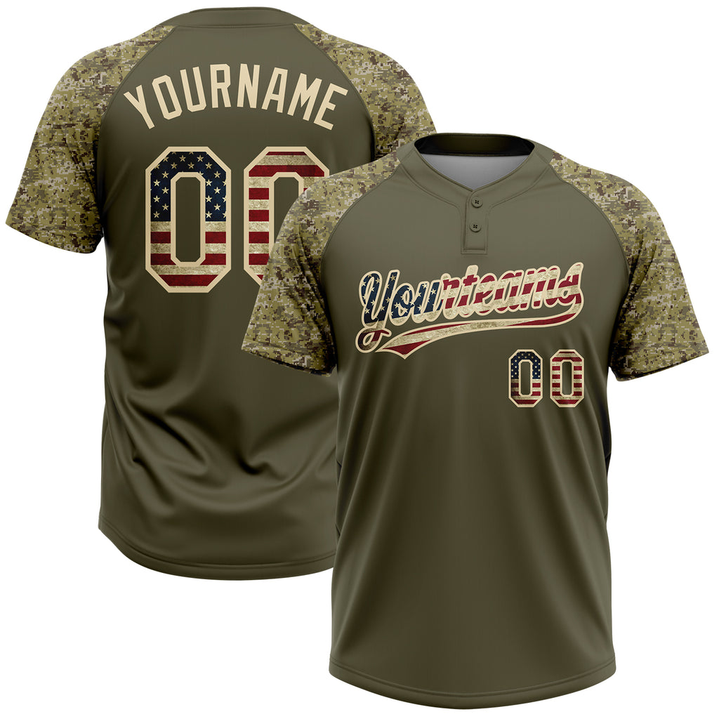 Custom Olive Vintage USA Flag-Cream Salute To Service Camo Raglan Sleeves Two-Button Unisex Softball Jersey