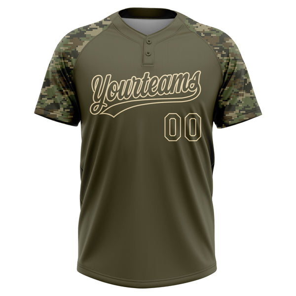 Custom Olive Cream Salute To Service Camo Raglan Sleeves Two-Button Unisex Softball Jersey