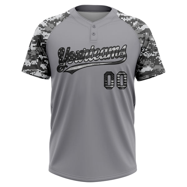Custom Gray Vintage USA Flag-Black Salute To Service Camo Raglan Sleeves Two-Button Unisex Softball Jersey