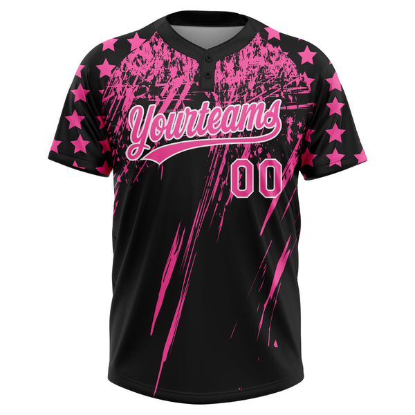 Custom Black Pink-White Distressed Scratch Brush Stroke Star Raglan Sleeves Two-Button Unisex Softball Jersey