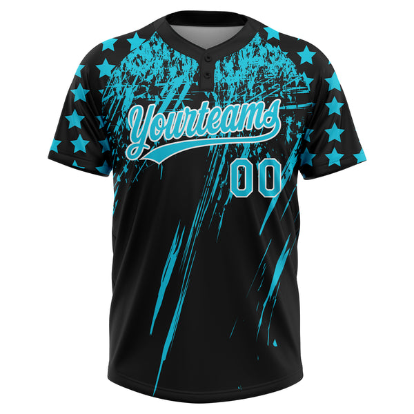 Custom Black Lakes Blue-White Distressed Scratch Brush Stroke Star Raglan Sleeves Two-Button Unisex Softball Jersey