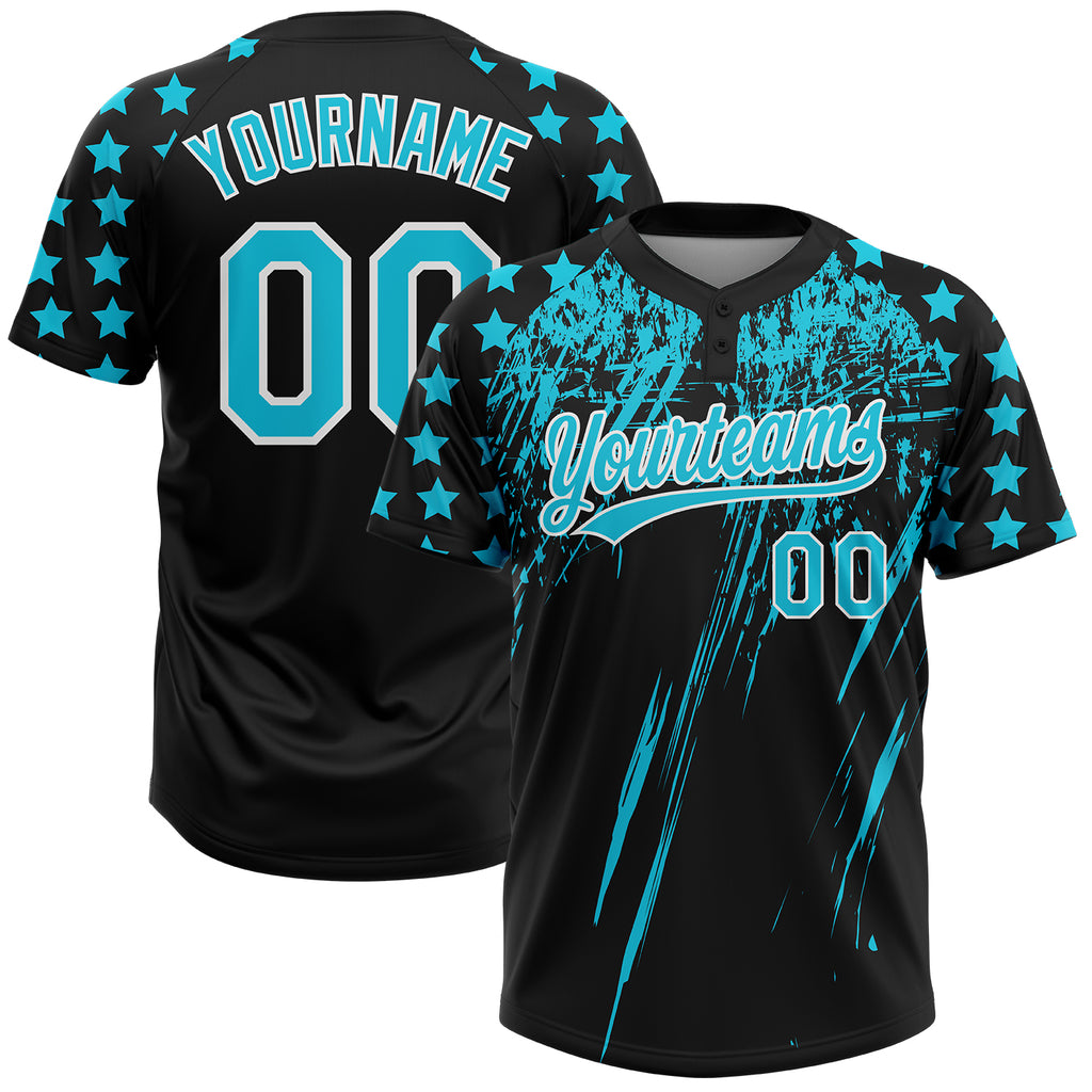 Custom Black Lakes Blue-White Distressed Scratch Brush Stroke Star Raglan Sleeves Two-Button Unisex Softball Jersey