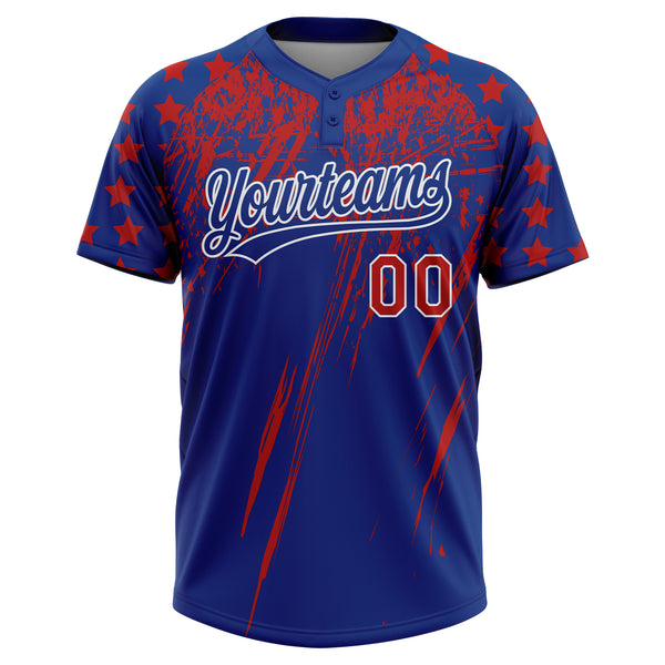 Custom Royal Red-White Distressed Scratch Brush Stroke Star Raglan Sleeves Two-Button Unisex Softball Jersey