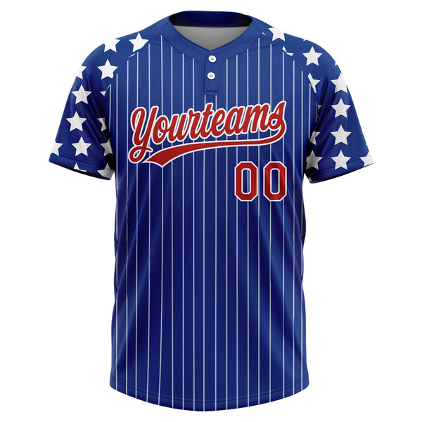 Custom Royal White Pinstripe Red Star Raglan Sleeves Two-Button Unisex Softball Jersey