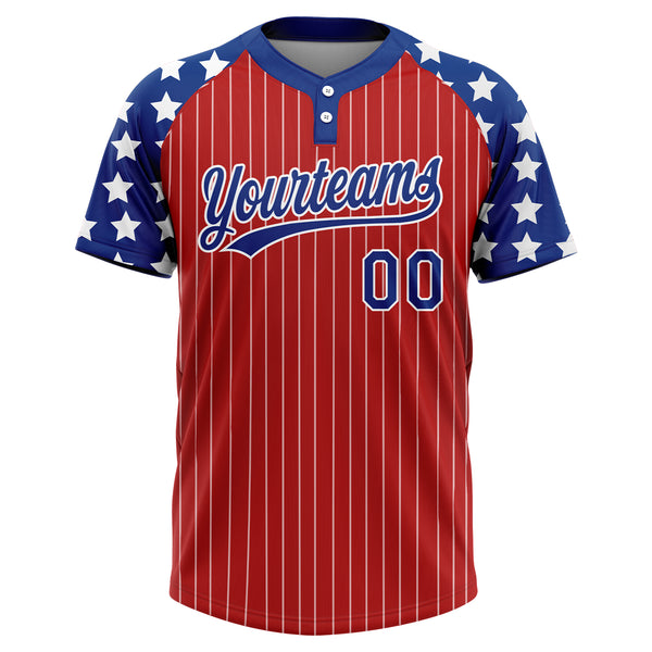 Custom Red White Pinstripe Royal Star Raglan Sleeves Two-Button Unisex Softball Jersey