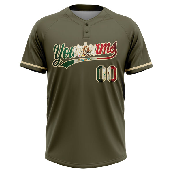 Custom Olive Vintage Mexican Flag-Cream Mexico Performance Salute To Service Two-Button Unisex Softball Jersey