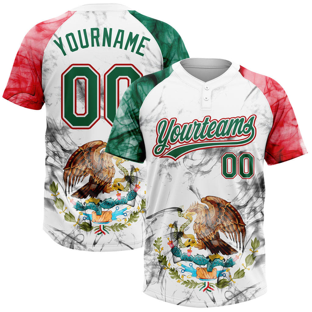 Custom White Kelly Green-Red Mexico Two-Button Unisex Softball Jersey
