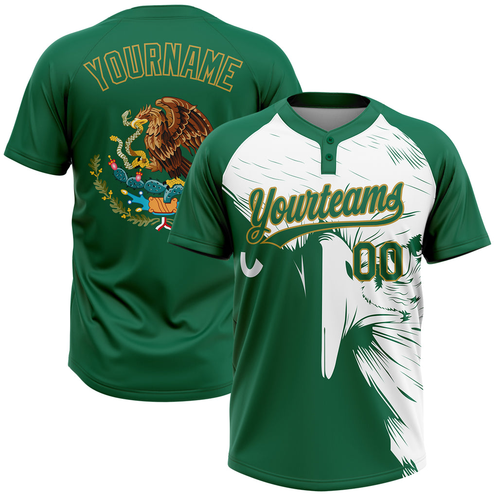 Custom Kelly Green Old Gold-White Mexico Two-Button Unisex Softball Jersey