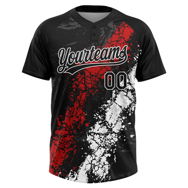 Custom Black Red-White Dripping Splatter Cracked Texture Two-Button Unisex Softball Jersey
