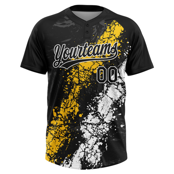 Custom Black Yellow-White Dripping Splatter Cracked Texture Two-Button Unisex Softball Jersey