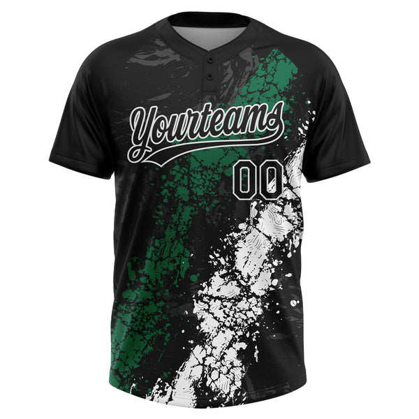 Custom Black Kelly Green-White Dripping Splatter Cracked Texture Two-Button Unisex Softball Jersey