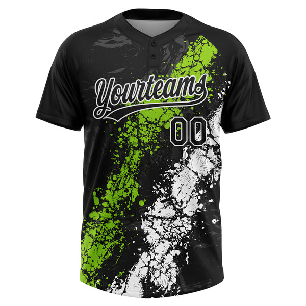 Custom Black Neon Green-White Dripping Splatter Cracked Texture Two-Button Unisex Softball Jersey