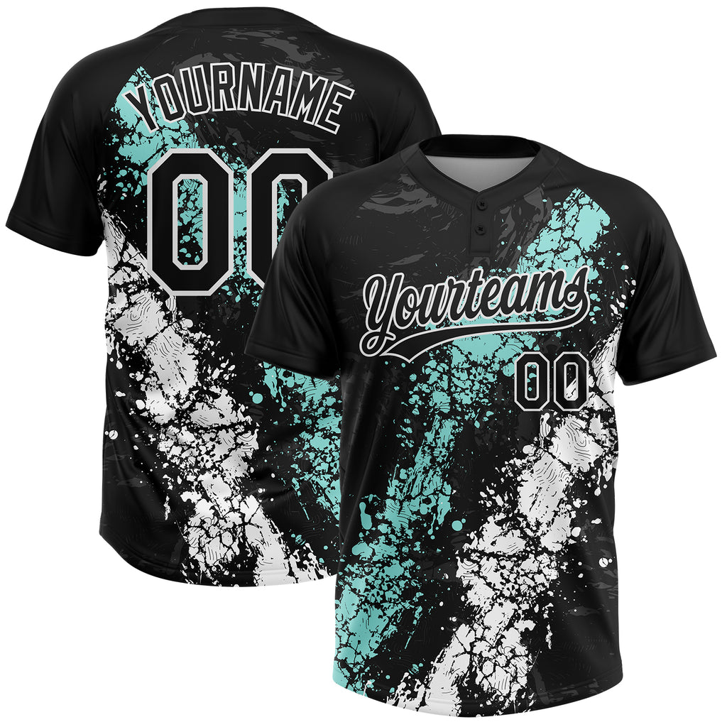 Custom Black Ice Blue-White Dripping Splatter Cracked Texture Two-Button Unisex Softball Jersey