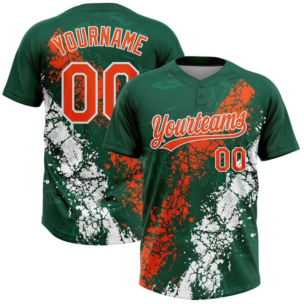 Custom Kelly Green Orange-White Dripping Splatter Cracked Texture Two-Button Unisex Softball Jersey