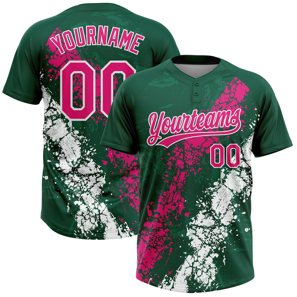 Custom Kelly Green Hot Pink-White Dripping Splatter Cracked Texture Two-Button Unisex Softball Jersey