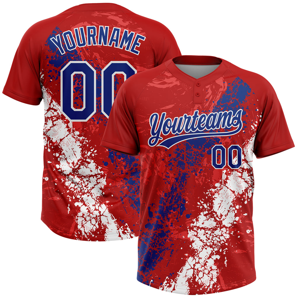 Custom Red Royal-White Dripping Splatter Cracked Texture Two-Button Unisex Softball Jersey